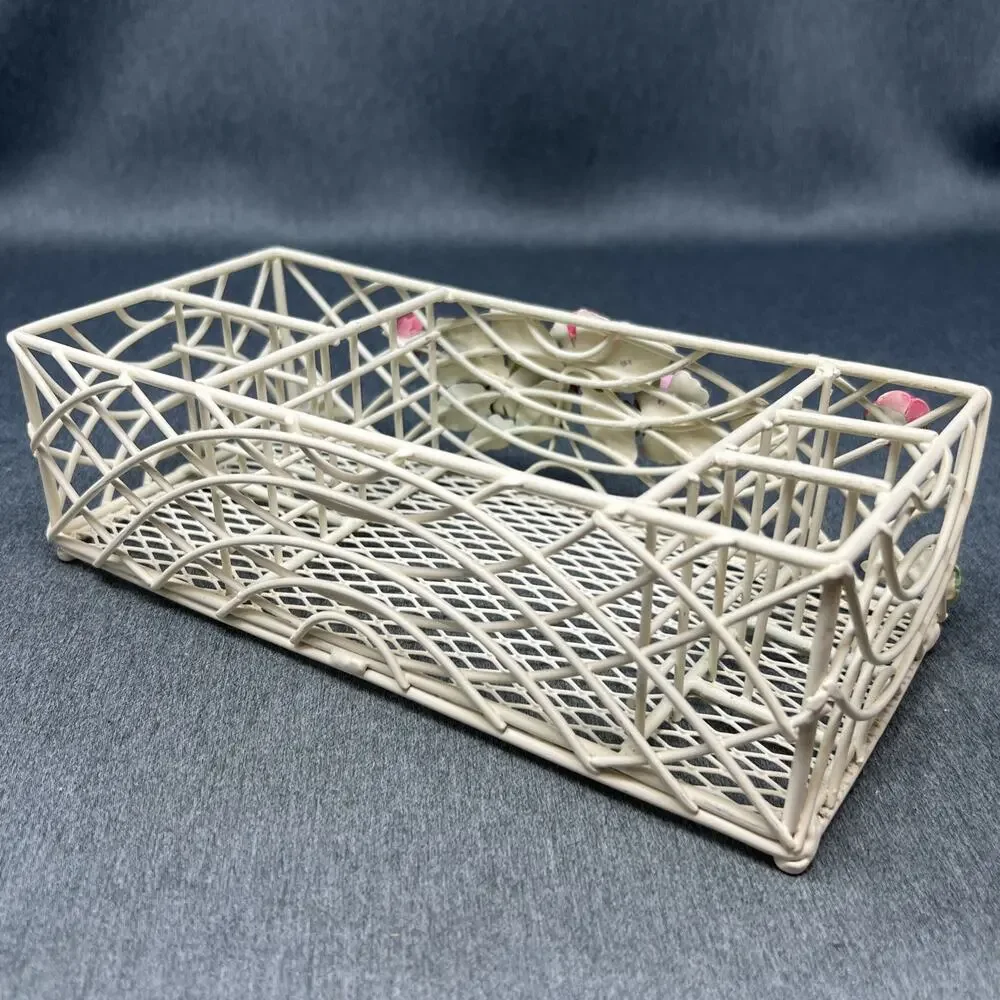 Vintage Floral Wire Lattice Tole Flower Caddy Cottage Core Desk Decor Organizer